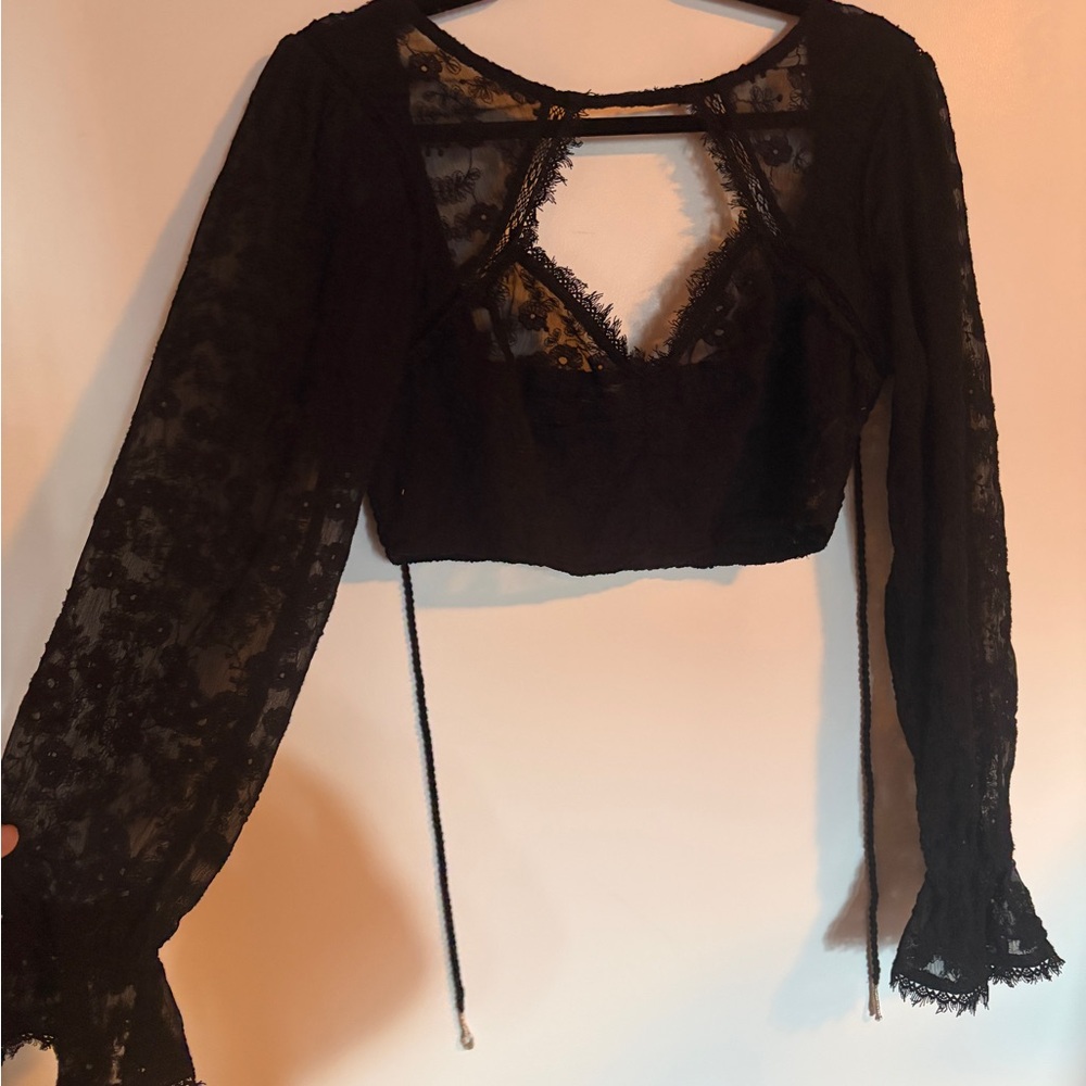Free People Black Lace Long Sleeve Crop Top